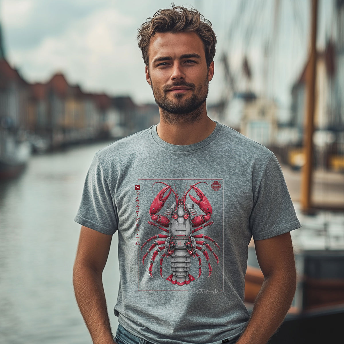 T-Shirt Samurai Lobster, Grau meliert, roter Hummer