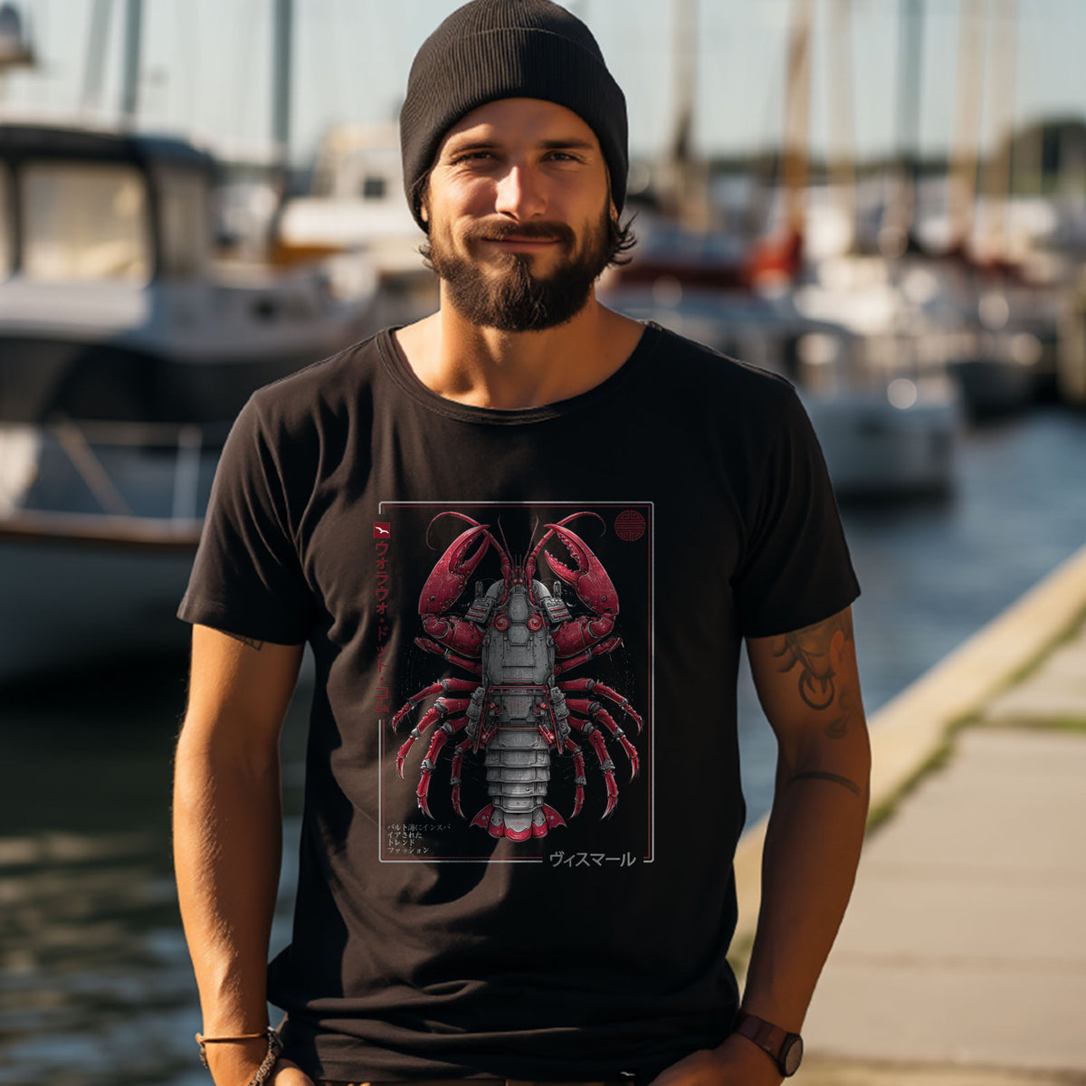T-Shirt Samurai Lobster, Schwarz, roter Hummer