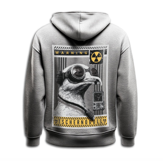 Zip-Hoodie Tschernogull in Grau meliert mit Möwe mit Schutzbrille, Atemschutzschlauch und gelbem Warnmotiv als Rückenprint
