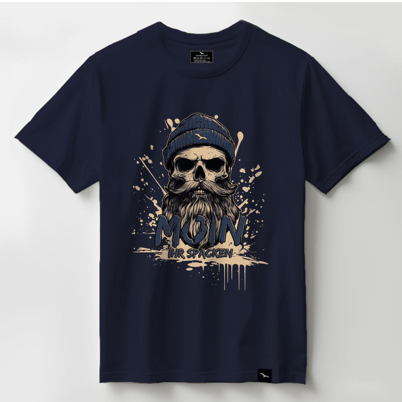 T-Shirt Captain-Skull in Navy, bärtiger Totenkopf mit Seemannsmütze und MOIN-Schriftzug, Produktansicht