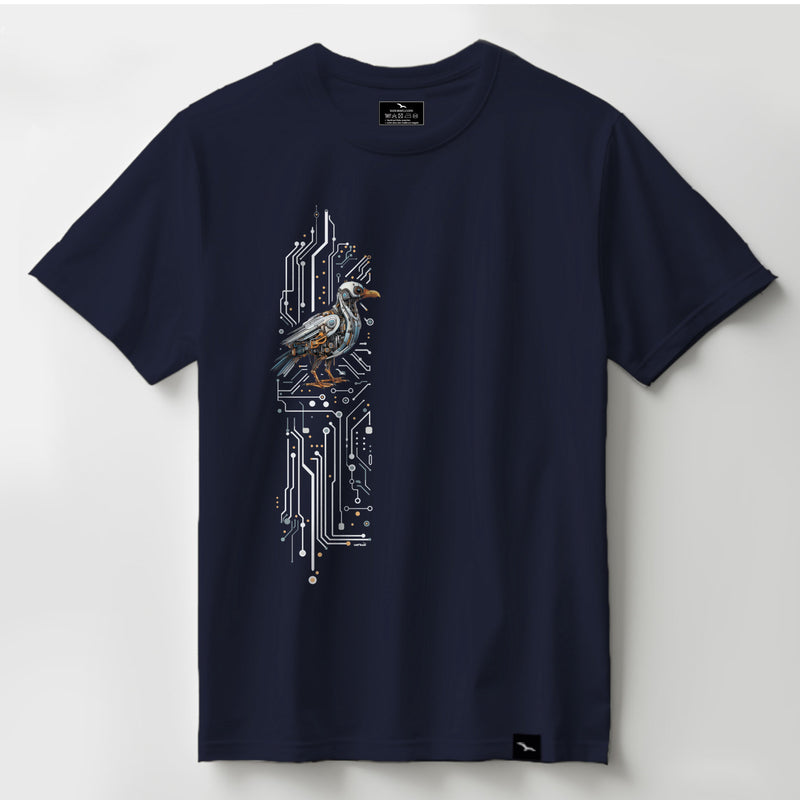 T-Shirt Cyberpunk-Seagull in Navy, mechanische Möwe mit Leiterbahnen, Produktansicht