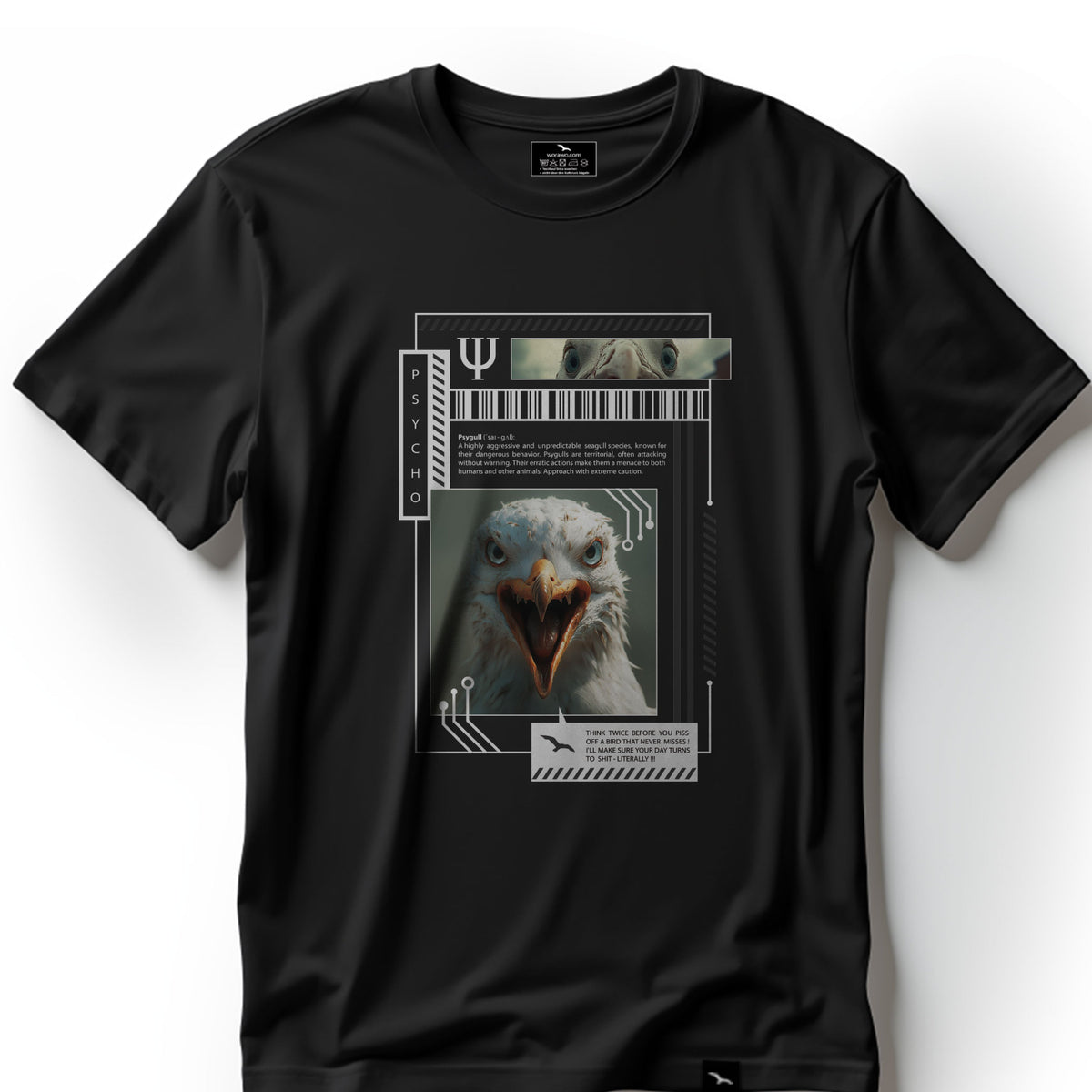 T-Shirt Psy-gull, Schwarz, grafisches Möwenporträt
