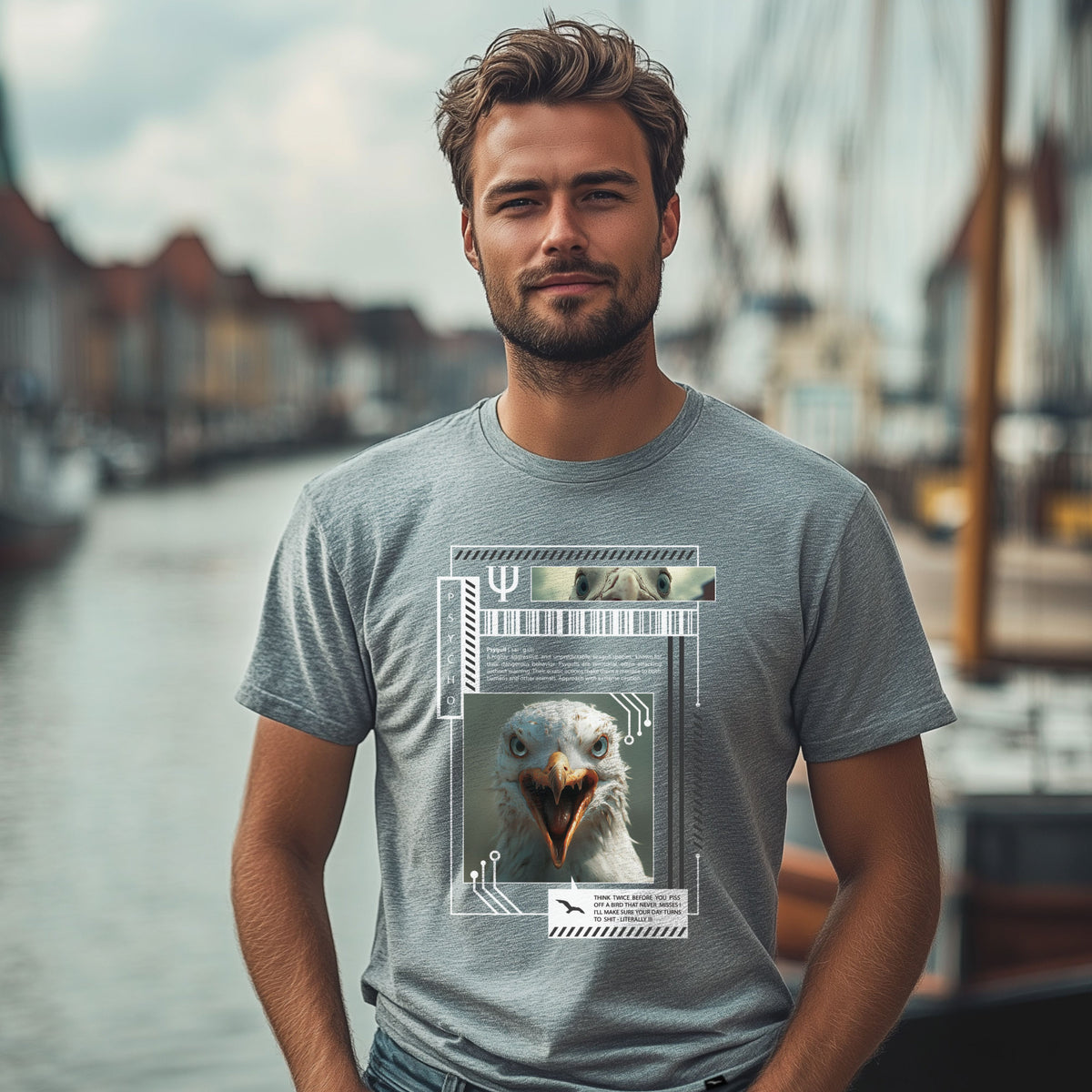 T-Shirt Psy-gull, Grau meliert, grafisches Möwenporträt