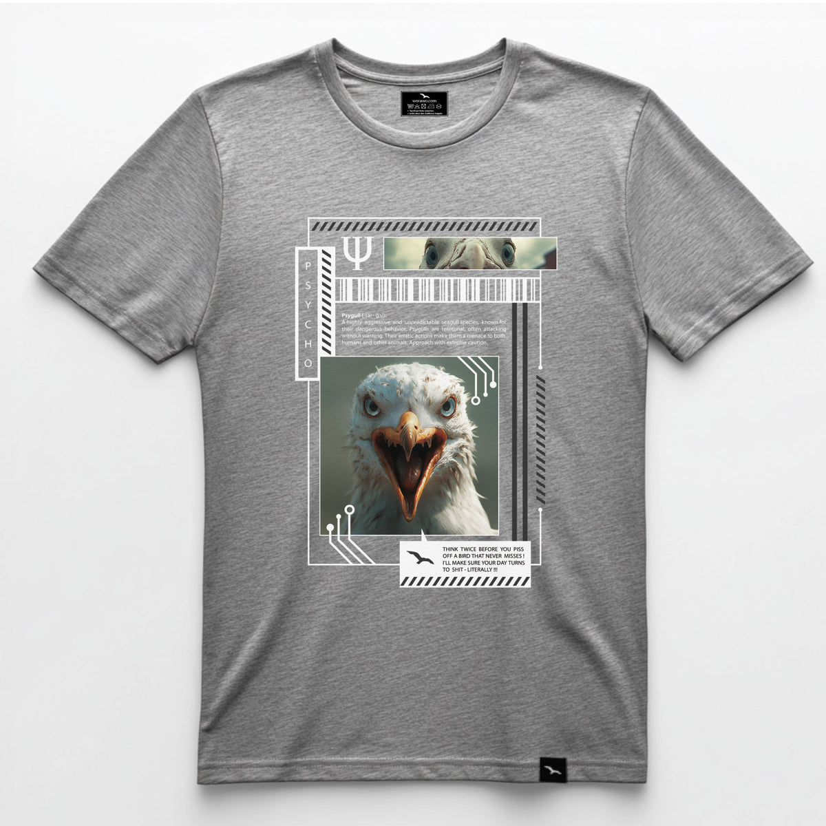 T-Shirt Psy-gull, Grau meliert, grafisches Möwenporträt