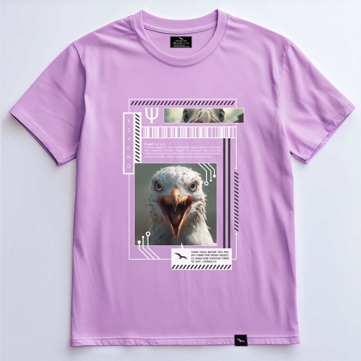 T-Shirt Psy-gull, Lavender, grafisches Möwenporträt