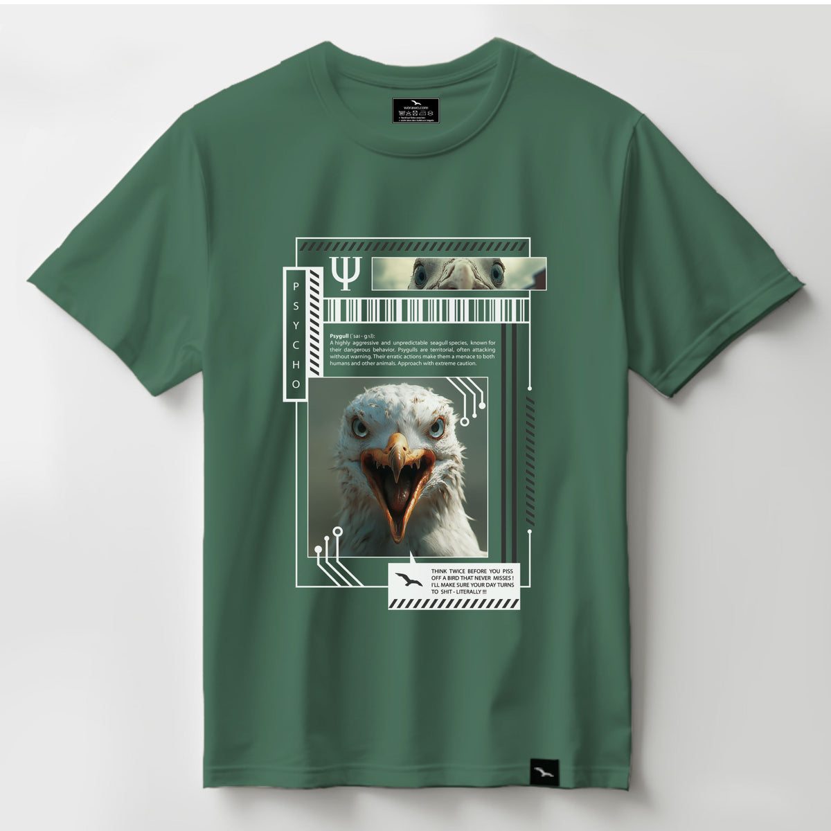 T-Shirt Psy-gull, Teal, grafisches Möwenporträt