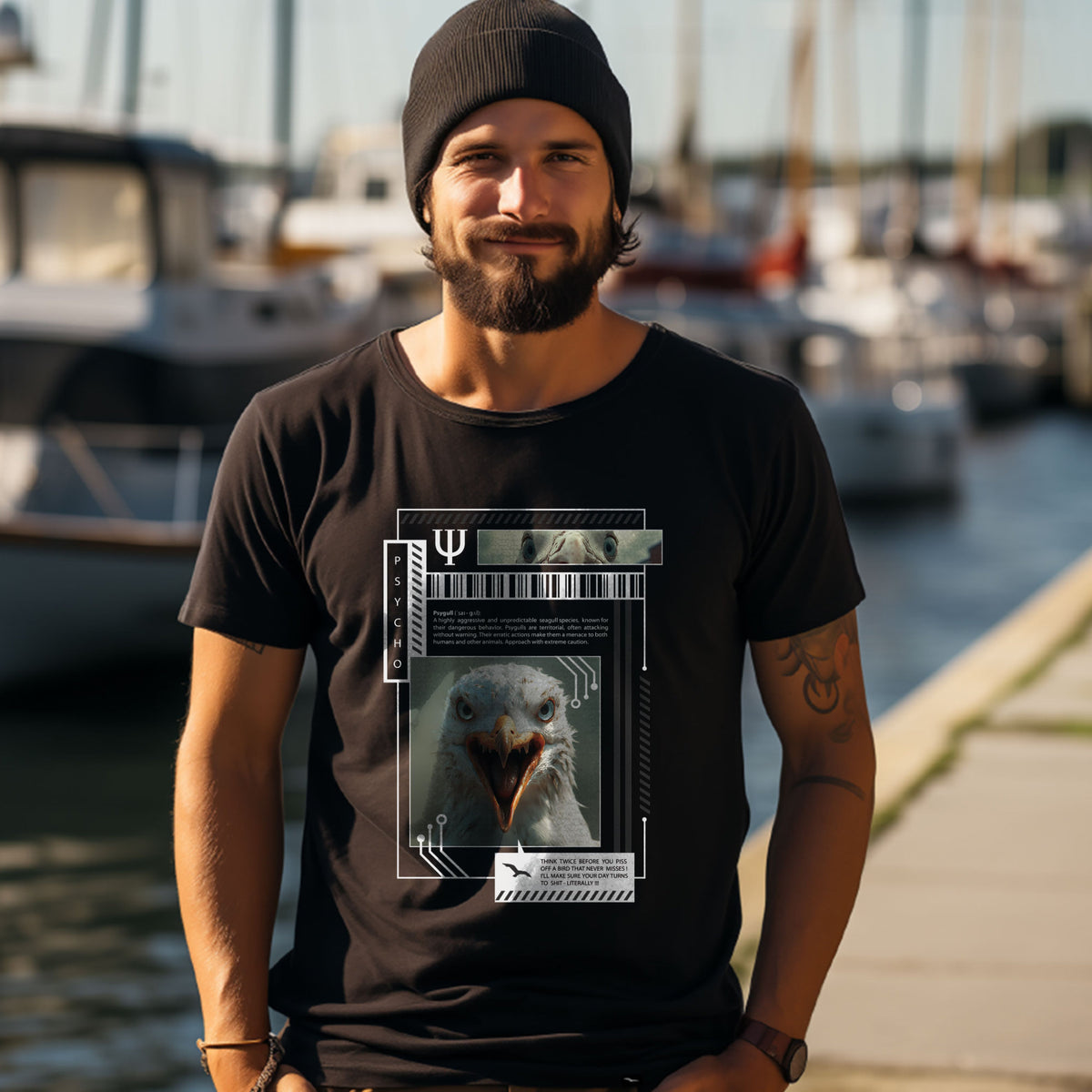 T-Shirt Psy-gull, Schwarz, grafisches Möwenporträt