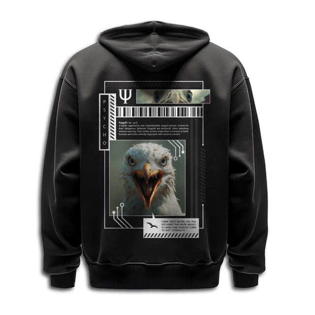 Zip-Hoodie Psy-gull in Schwarz mit grimmiger Möwe in technischem Rahmen mit Barcode als Rückenprint